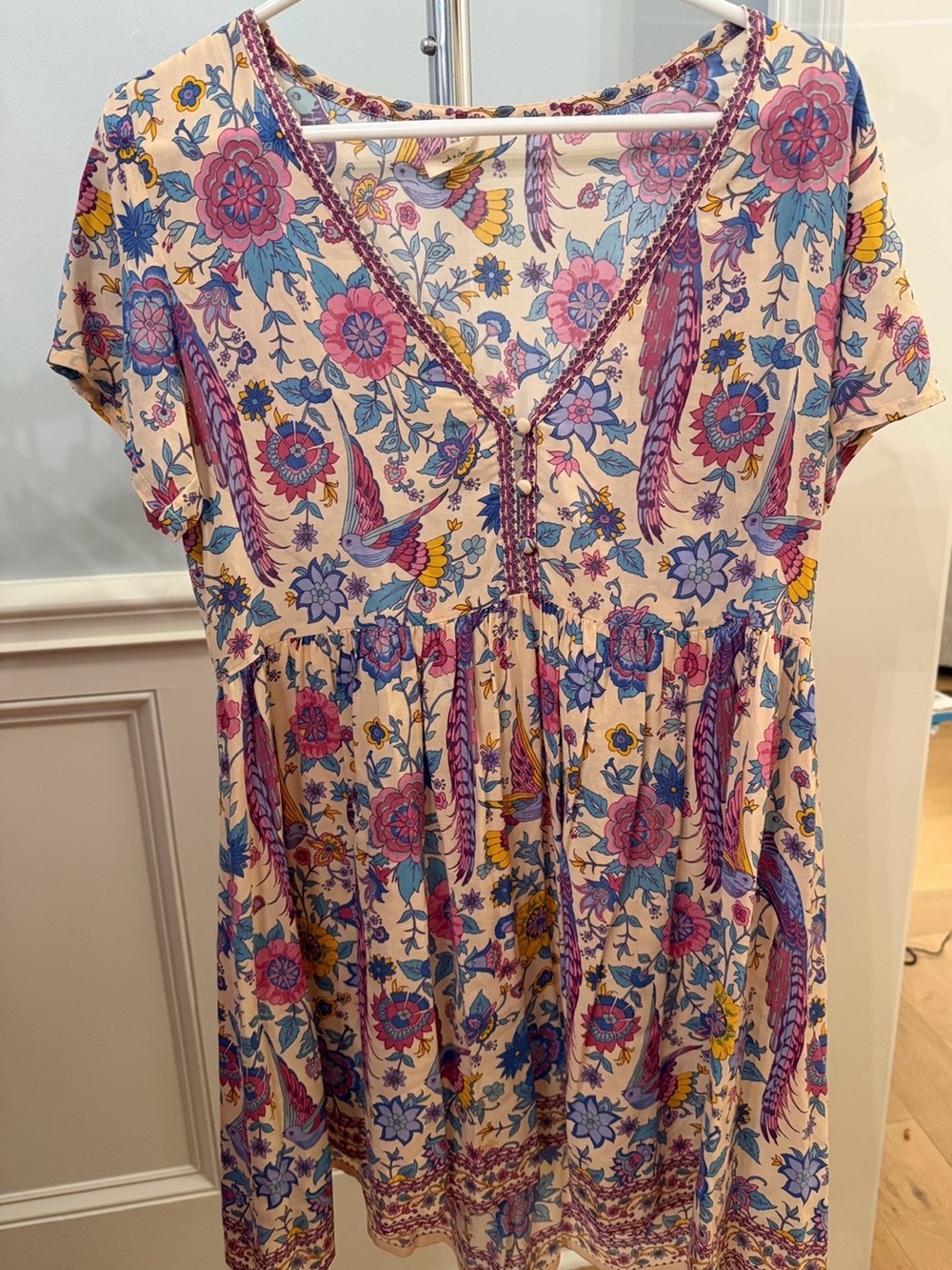 Spell Floral Lovebird V-Neck Boho Dress in Cream, Pink & Blue Small